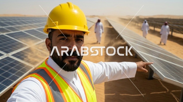 مهندس عربي في محطة ألواح الطاقة الشمسية بالصحراء