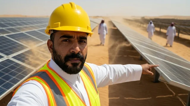 مهندس عربي في محطة ألواح الطاقة الشمسية بالصحراء