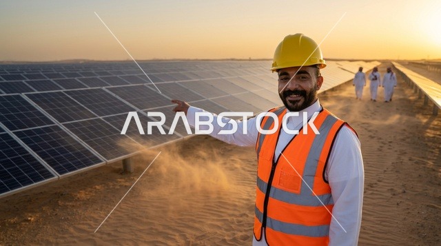 Arab Engineer Pointing at Desert Solar Panels Sunset