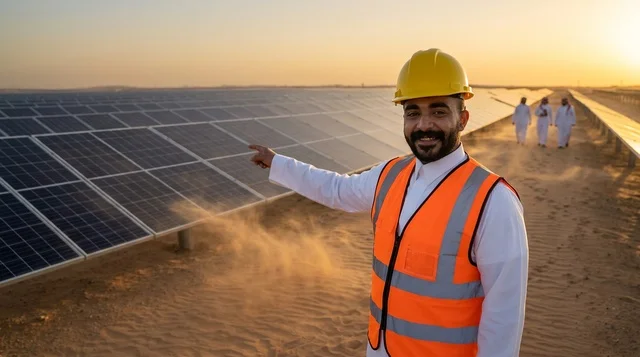 Arab Engineer Pointing at Desert Solar Panels Sunset