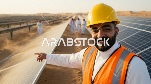 مهندس سعودي يشير إلى ألواح الطاقة الشمسية في الصحراء