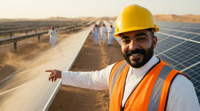 مهندس سعودي يشير إلى ألواح الطاقة الشمسية في الصحراء