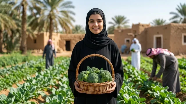 مزارعة سعودية تحمل سلة بروكلي في الحقل