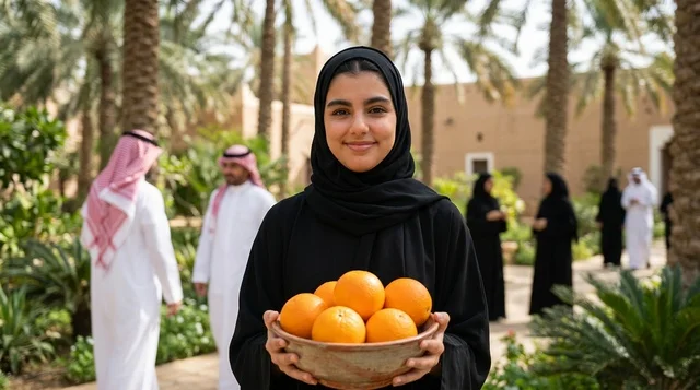 امرأة عربية تحمل وعاء برتقال في بستان نخيل سعودي