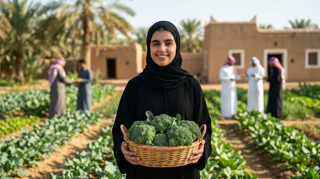 امرأة عربية سعودية تحمل سلة بروكلي طازج في المزرعة
