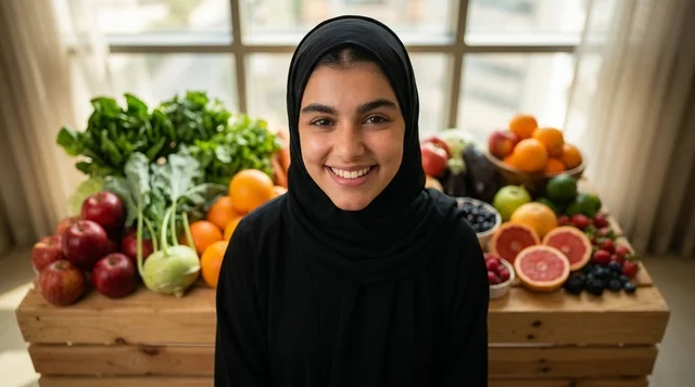 Smiling Arab Woman in Hijab with Fresh Fruits and Vegetables