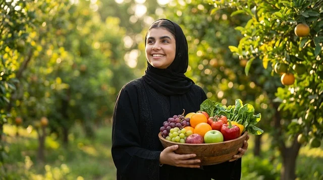 امرأة سعودية تحمل وعاء فواكه طازجة في مزرعة مشمسة
