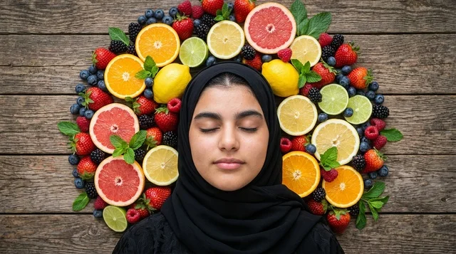 امرأة محجبة محاطة بفواكه حمضية طازجة للعناية بالبشرة