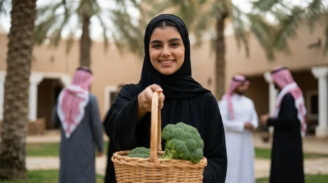 امرأة سعودية تحمل سلة خضار طازجة