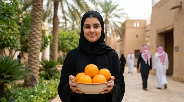 امرأة سعودية تحمل وعاء برتقال في قرية تراثية