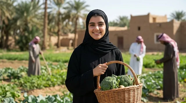 امرأة سعودية تحمل سلة خضروات طازجة في مزرعة تراثية