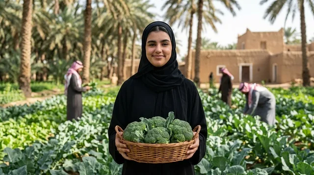 امرأة سعودية تحمل سلة بروكلي طازج في حقل زراعي