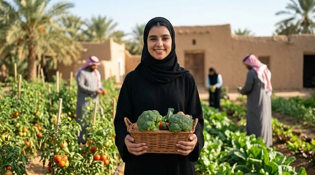 امرأة سعودية مزارعة تحمل خضار طازجة في الحقل
