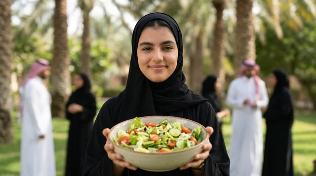 امرأة عربية تحمل وعاء سلطة طازجة في الحديقة امرأة عربية تحمل وعاء سلطة طازجة في الحديقة