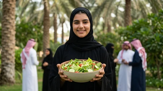 امرأة عربية مبتسمة تحمل وعاء سلطة خضراء طازجة في نزهة عائلية