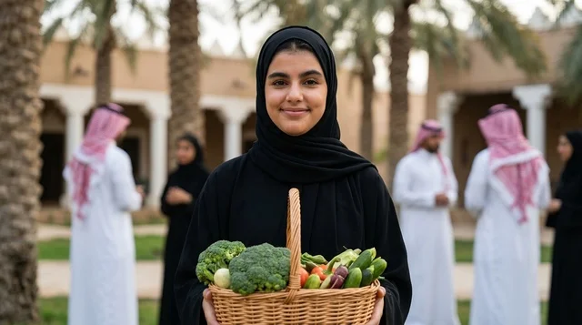 Saudi Woman Holding Fresh Vegetable Basket Outdoors