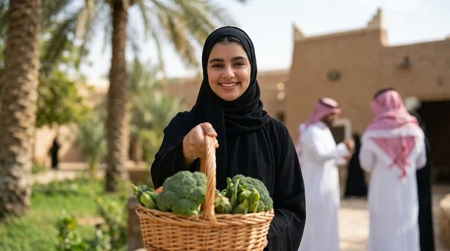 امرأة سعودية مبتسمة تحمل سلة خضروات طازجة في قرية تراثية