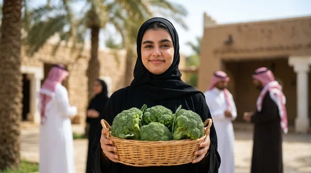 امرأة سعودية تحمل سلة بروكلي طازج في قرية تراثية