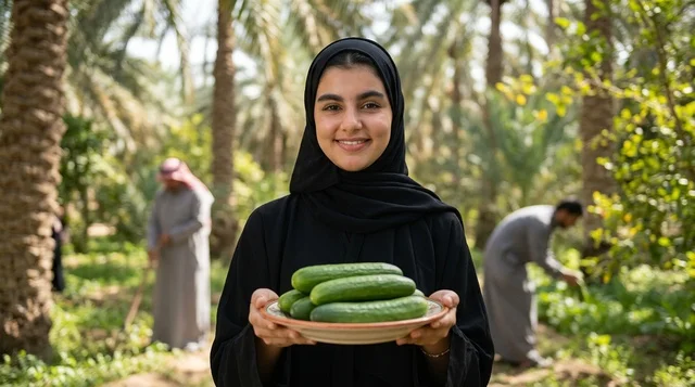 امرأة عربية مبتسمة تحمل خياراً طازجاً في مزرعة نخيل