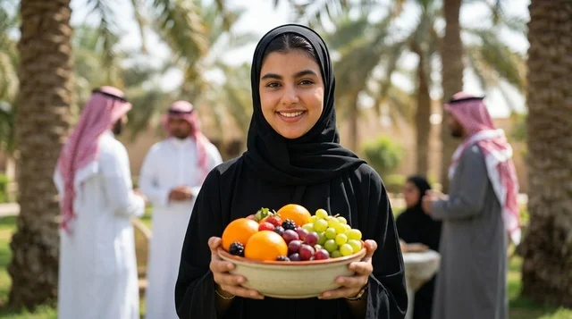 امرأة سعودية تحمل وعاء فواكه طازجة في مزرعة نخيل