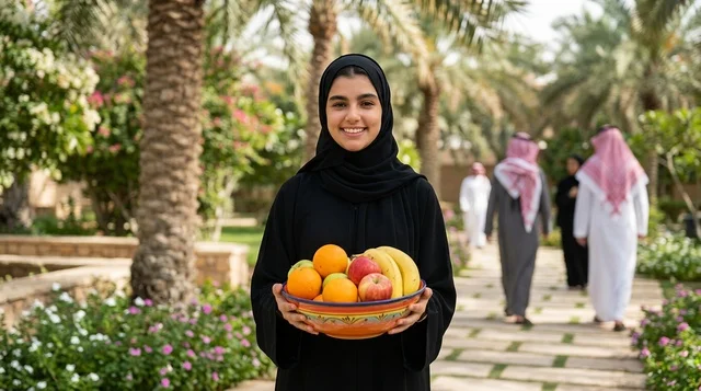 Arab Woman Holding Fresh Fruit Bowl in Saudi Park