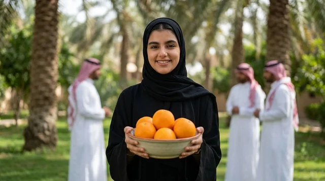 Saudi Woman Holding Orange Bowl in Palm Tree Farm