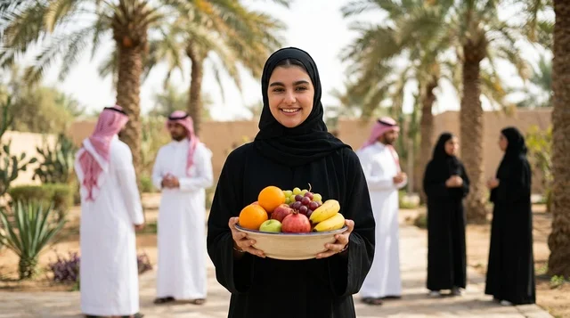امرأة عربية تحمل وعاء فواكه طازجة في بستان نخيل