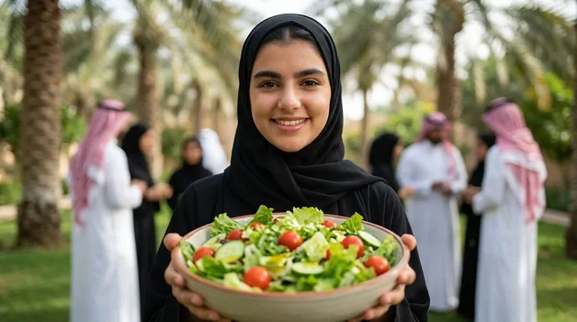 امرأة سعودية مبتسمة تحمل طبق سلطة خضراء طازجة في حديقة