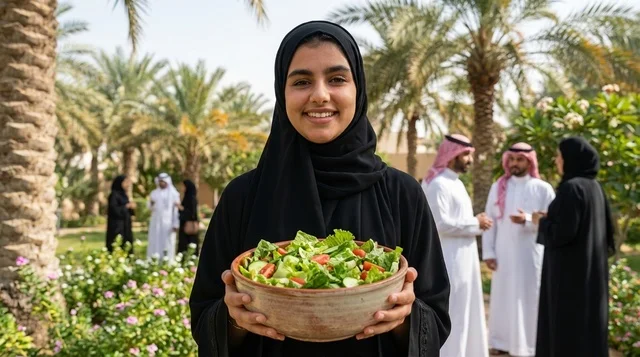 امرأة سعودية مبتسمة تحمل وعاء سلطة خضراء في حديقة خارجية