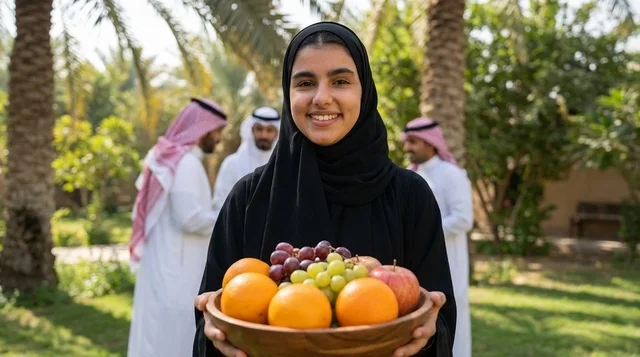 امرأة سعودية تحمل وعاء فواكه طازجة في المزرعة
