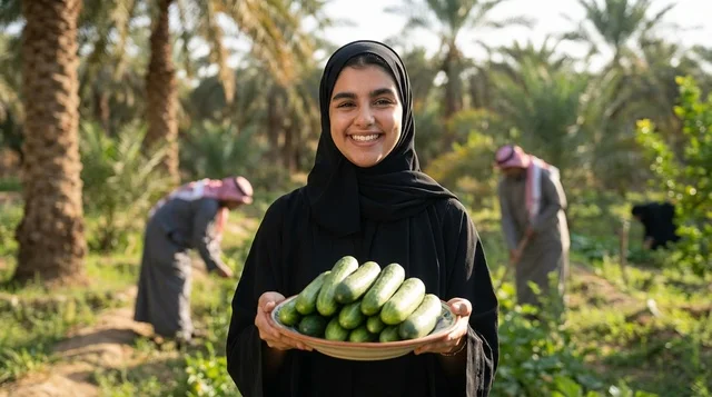 Saudi Female Farmer Holding Fresh Cucumbers in Field Saudi Female Farmer Holding Fresh Cucumbers in Field