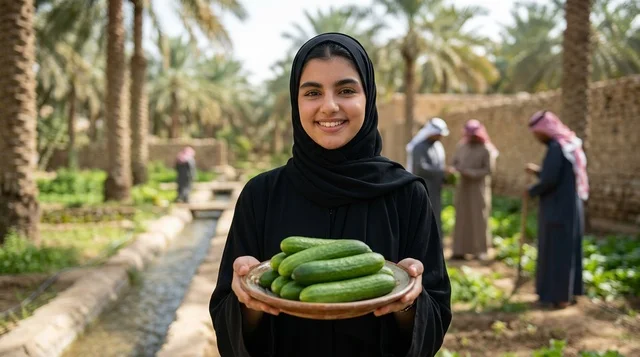 Arab Woman Holding Fresh Cucumbers at Agricultural Farm