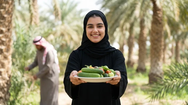 امرأة سعودية تحمل خضروات طازجة في مزرعة نخيل