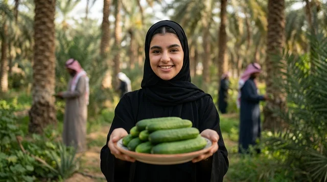 Saudi Woman Holding Fresh Cucumbers on a Palm Farm Saudi Woman Holding Fresh Cucumbers on a Palm Farm