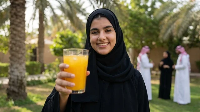 امرأة عربية تحمل عصير برتقال طازج في حديقة عامة