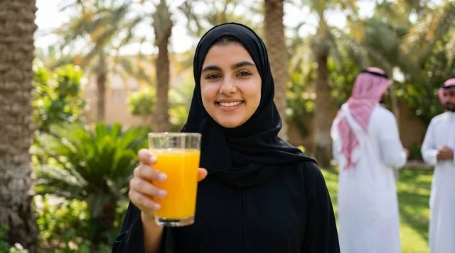 Saudi Woman Holding Fresh Orange Juice in Palm Garden