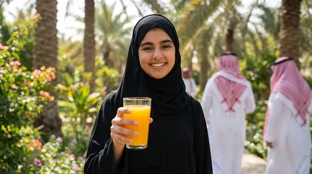 امرأة سعودية تحمل عصير البرتقال في حديقة النخيل
