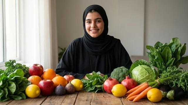 امرأة عربية مع فواكه وخضروات طازجة على طاولة خشبية امرأة عربية مع فواكه وخضروات طازجة على طاولة خشبية