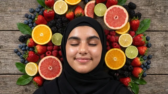 امرأة محجبة محاطة بالفواكه الطازجة للعناية بالبشرة