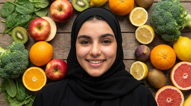 امرأة عربية بالحجاب مع فواكه وخضروات صحية طازجة