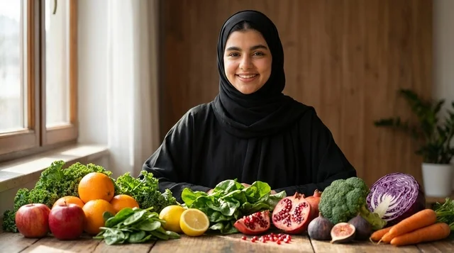 امرأة عربية ترتدي الحجاب مع فواكه وخضروات طازجة