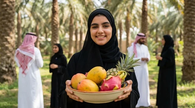 Saudi Woman Holding Fresh Fruit Bowl in Palm Grove