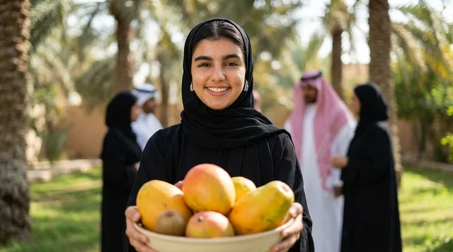 فتاة سعودية بالعباءة تحمل وعاء فواكه طازجة في مزرعة