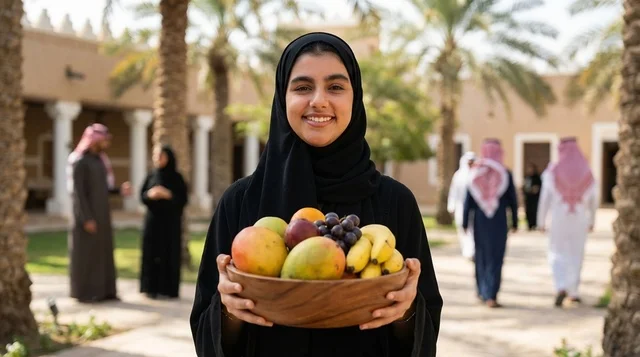 امرأة سعودية تحمل وعاء فواكه طازجة في قرية تراثية