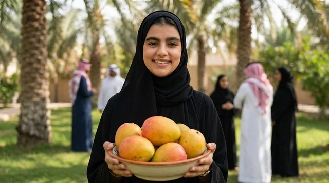 Arab Woman Holding Bowl of Mangoes in Palm Orchard Arab Woman Holding Bowl of Mangoes in Palm Orchard