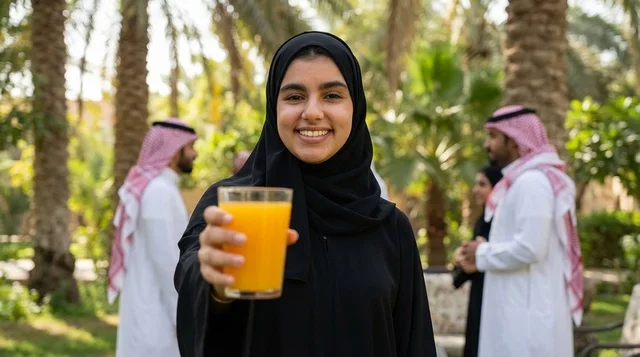 امرأة سعودية تحمل عصير برتقال في حديقة نخيل