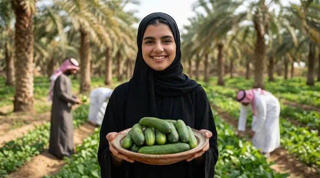 امرأة سعودية تحمل خيار طازج في مزرعة نخيل بالمملكة
