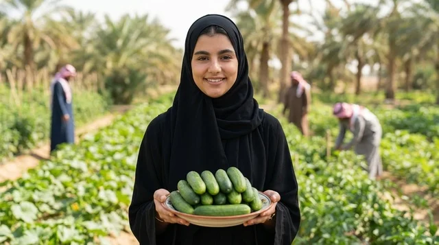 امرأة سعودية تحمل طبق من الخيار الطازج في حقل زراعي