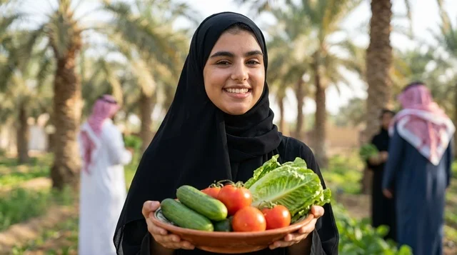 امرأة عربية سعودية تحمل خضروات طازجة في مزرعة نخيل