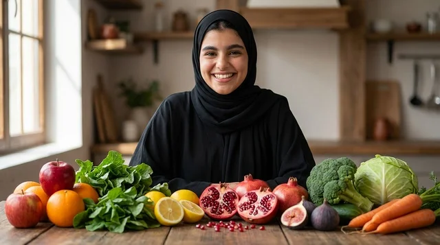 امرأة عربية مبتسمة مع فواكه وخضروات طازجة في المطبخ